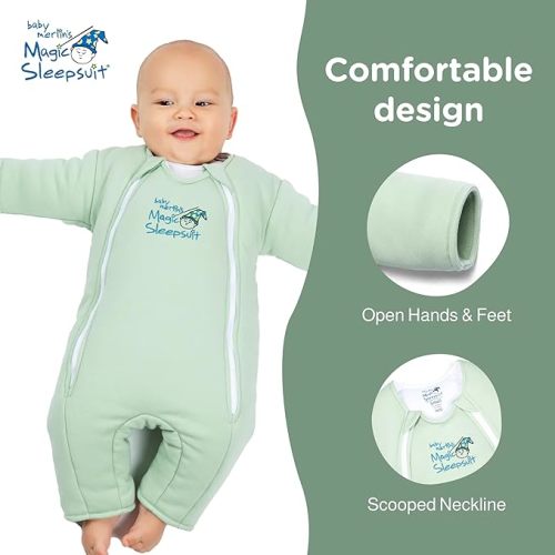Baby Merlin's Magic Sleepsuit Transition Swaddle Baby Sleep Suit for 3-6 Months - 100% Cotton Layers with Double Zipper for Easy Diaper Change - Comfortable Sleepwear for Back Sleeping - Sage Green