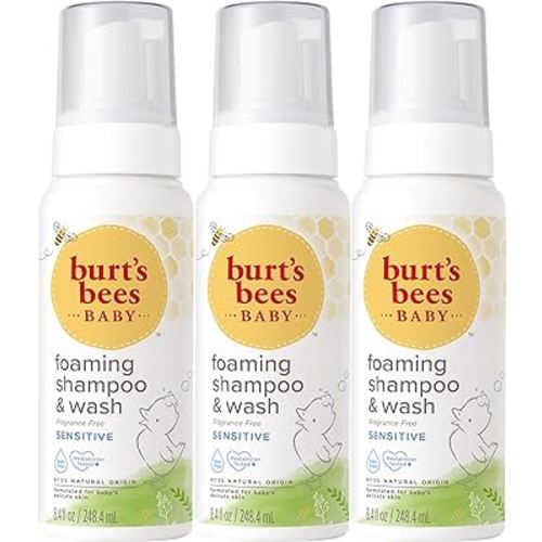 Burt's Bees Baby Sensitive Foaming Shampoo and Wash, Fragrance Free, Tear Free, Pediatrician Tested, 97.5% Natural Origin, 8.4 Fluid Ounces, Pack of 3