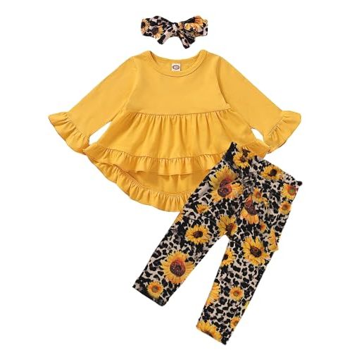 Kucnuzki Baby Girl Clothes Toddler Girl Outfit Ruffle Sleeve Shirt Floral Pant Set Fall Winter Clothing for Girl