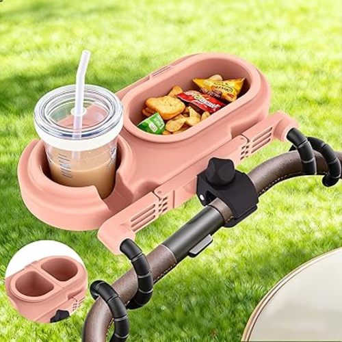 BANGIE Cute Pink Stroller Snack Tray for Girls - Compatible with Uppababy Vista V2, Nuna Mixx, Mockingbird - Aesthetic Attachment with Cup Holder & 3 Detachable Silicone Bowls