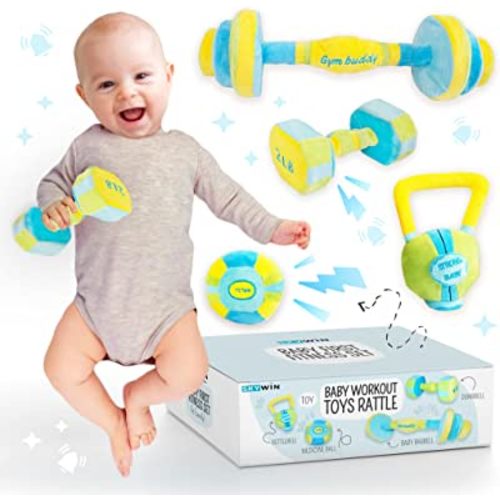 Skywin Baby Workout Toys Fit Training - Baby Shower Set of 4 Soft, Durable and Safe Plush Baby Rattle Toys for Ages 0+