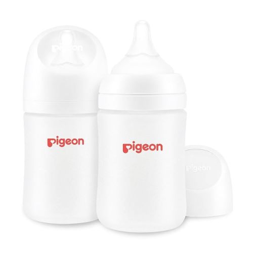 Pigeon Silicone Coating Baby Bottles, Wide Neck, 5 oz, Pack of 2 | Glass Inside/Silicone Outside, Anti-Colic Bottle, Natural Feel, Safe Feeding, Easy to Clean, Includes 2pcs SS Nipples (0M+)