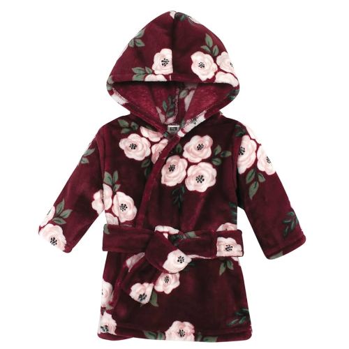 Hudson Baby Unisex Baby Plush Animal Face Bathrobe, Burgundy Floral, 0-9 Months