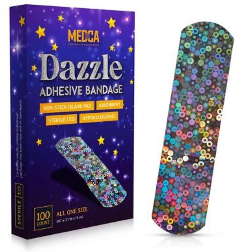 Glitter Bandages for Kids 100 Count Box, Colorful Adhesive Strips, Latex-Free, Individually Wrapped for Minor Cuts & Scrapes