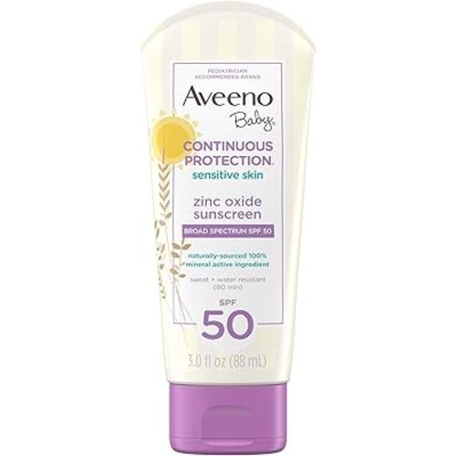 Aveeno Baby Continuous Protection Zinc Oxide Mineral Sunscreen Lotion for Sensitive Skin, Broad Spectrum SPF 50, Tear-Free, Sweat- & Water-Resistant, Paraben-Free, Travel-Size, 3 fl. oz