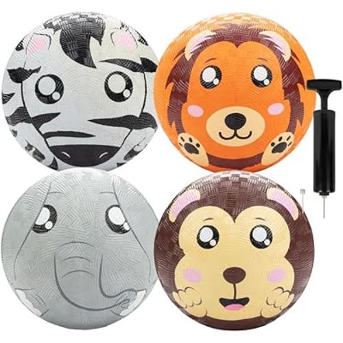 GagaBall 5 Inch Playground Balls with Air Pump (4 pk, Animals) - Durable Rubber Balls Official Size for Dodgeball & Handball - Great for Outside Play, 4 Square & Game to Play at Kids Birthday Parties