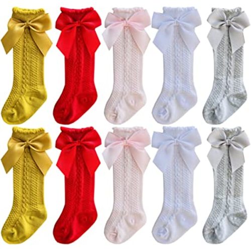 Baby Girls Knee High Socks Bow-Stitched Toddler Breathable Long Sock Cable Knit Tube