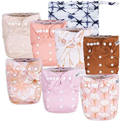 Nora's Nursery Cloth Diapers 7 Pack with 7 Bamboo Inserts & 1 Wet Bag - Waterproof Cover, Washable, Reusable & One Size Adjustable Pocket Diapers for Newborns and Toddlers - Magnolia