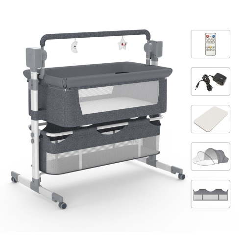 SteAnny Baby Bassinet, Newborn Bedside Sleeper, Rocking Crib with Bluetooth, Adjustable Height, Large Storage Basket