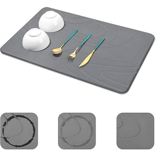 Large Stone Drying Mat for Kitchen Counter - 24"x16" Dirt-Resistant Quick Drying Fast Absorbent Non-Slip Diatomite Mat, Natural Diatomaceous Earth Dish Drying Pad for Dish Rack (Dark Grey)