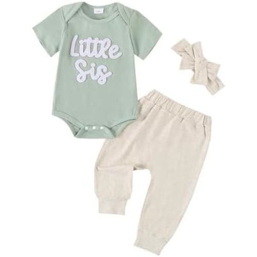 Newborn Baby girl clothes little sister Romper Lil Sis Short Sleeve Tshirt Pants Headband Summer Infant Clothes
