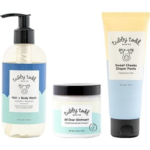 TUBBY TODD Baby Bundle Newborn Skin Care Set - Hypoallergenic Hair + Body Wash, All Over Ointment with Colloidal Oatmeal, Sweet Cheeks Diaper Paste - Lavender Rosemary, Standard Size
