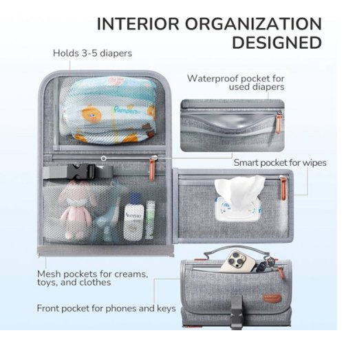 Portable Diaper Changing Pad for Baby, Detachable Travel Changing Pad with Baby Wipes Pocket, Gifts for Baby Shower, Newborn Girls and Boys (Grey)