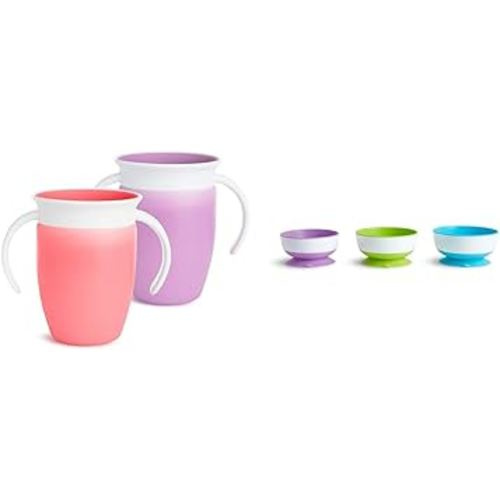 Munchkin® Miracle® 360 Trainer Sippy Cup with Handles, Spill Proof, 7 Ounce, 2 Pack, Pink/Purple & Stay Put™ Suction Bowls for Babies and Toddlers, 3 Pack, Blue/Green/Purple