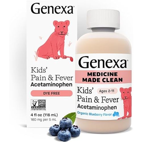 Genexa Kids’ Clean Pain & Fever Acetaminophen, Dye Free, 0% Artificial Additives, Delicious Organic Blueberry Flavor, Liquid Oral Suspension Medicine for Children 2-11, 160 mg per 5mL, 4 fl oz