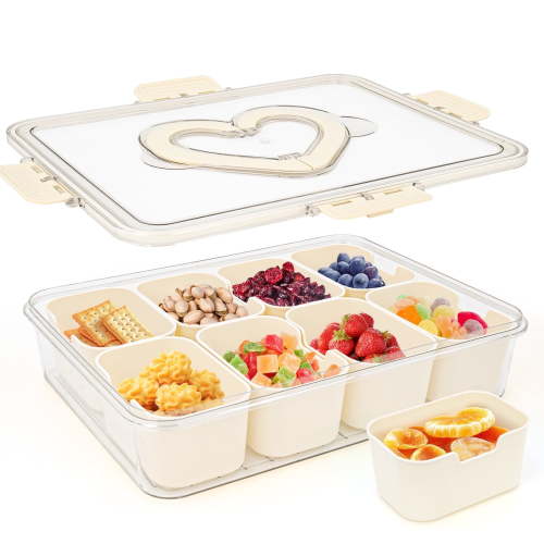 Soulgenix Divided Serving Tray, Snackle Box Containers with Lid and Handle, Portable 8-Compartments Snack Organizers for Party Holidays, Entertaining, Heart-Shaped, Clear