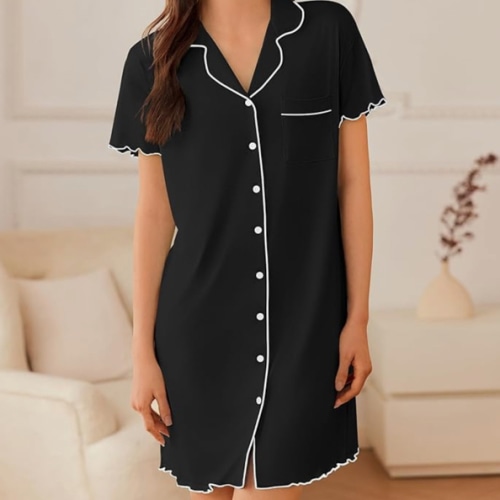 Ekouaer Nightgowns for Women Button Down Sleep Shirt Short Sleeve NightShirts Boyfriend Sleepdress Soft Pajama Dress