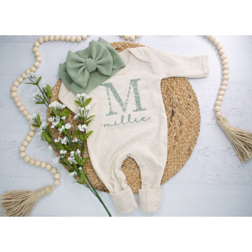Personalized Floral Embroidered Baby Romper with Headband: Oatmeal Newborn Outfit