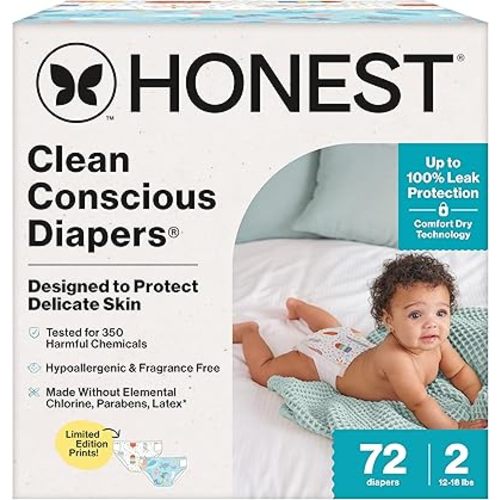 The Honest Company Clean Conscious Diapers for Sensitive Skin | Up to 100% Leakproof | Hypoallergenic, Fragrance Free | Summer '25 Limited Edition Prints | Club Box, Size 2 (12-18 lbs), 72 Count