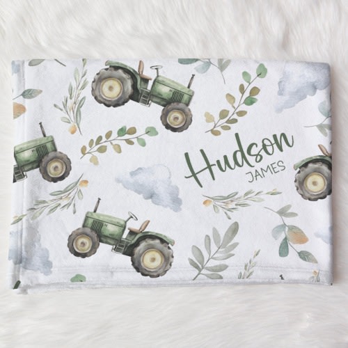 Personalized Green Tractor Swaddle Blanket For Baby Shower, Custom Farm Newborn Baby Boy Gift, Toddler Name Blanket, Coming Home Outfit
