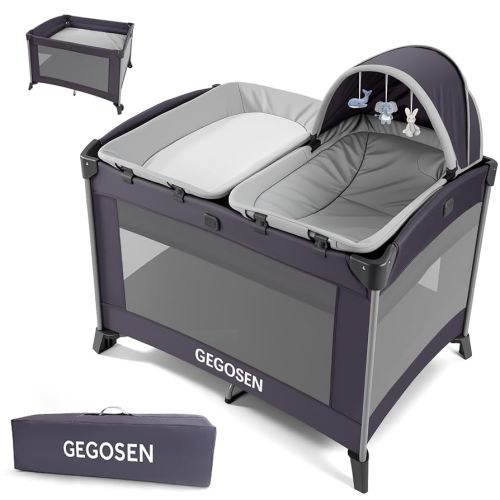 Portable Baby Playard 4 in 1 Design, Foldable Baby Playpen with Removable Bassinet, Canopy and Changing Table, Infant Playrad, Nursery Center Travel Crib (Toys Not Included)