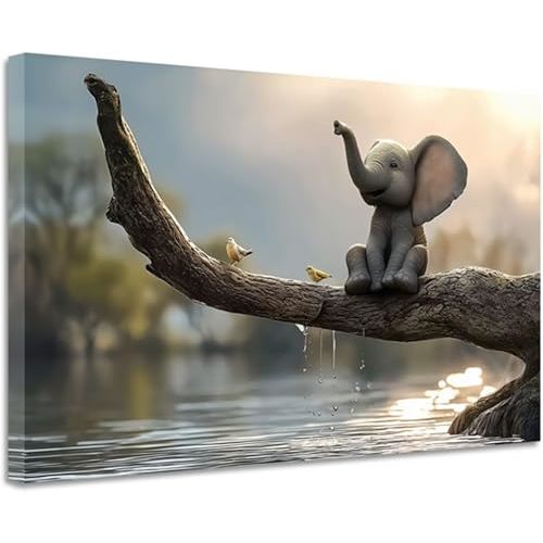 CGXLB Elephant Painting Elephant & Birds Wall Art Animal Picture Lake House Decor for Living Room Bathroom Framed 20"x30"
