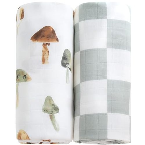 LifeTree Muslin Swaddle Blankets, Baby Neutral Swaddling Blanket for Boys Girls, Super Soft 70% Viscose from Bamboo and 30% Cotton, Large 47" x 47", Checkered & Mushroom, Newborn Baby Registry