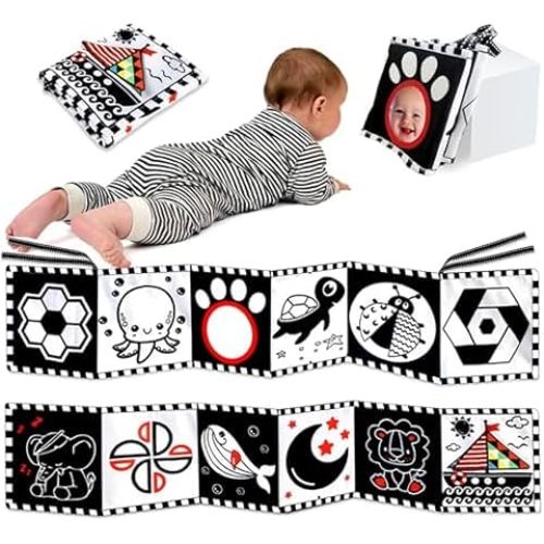 KaPing My First Black and White High Contrast Soft Book , Infant Tummy Time Toys, Black and White Baby Cards, Folding Educational Activity Cloth Book Suitable for Boys Girls Toddler