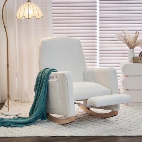 Modern Lounge Rocker Recliner,Teddy Fabric Rocking Chair With Pockets,Comfy Accent Arm Chair With Solid Wood Legs,Leisure Chairs-Cuddlewood, Color: Ivory, Size: teddy