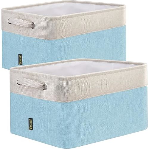 BALEINE 2 Pack Fabric Storage Bins for Shelves, Linen Storage Baskets for Organizing, Decorative Closet Bins for Clothes, Home (Skyblue, 12"x8"x8")
