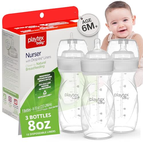 Playtex Baby Anti-Colic, Reduce Gas, Air Free Nurser Bottle with Pre-Sterilized Disposable Drop-Ins Liners, Closer to Breastfeeding, 8 Oz Bottles, 3 Count