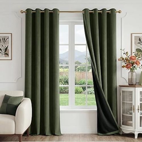 FMFUNCTEX 100% Blackout Curtains for Bedroom, Olive Green Curtains 84 Inches Long Textured Thermal Insulated Curtains for Living Room Drapes, Black Out Drapery Grommet Room Darkening 2 Panels