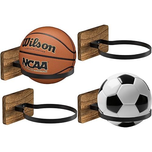 Basketball Holder Wall Mount with Wooden Base, 4 Pcs Ball Storage Holder for Football Basketball Soccer Rugby Display Rack - Boys Sports Accessories Organizer