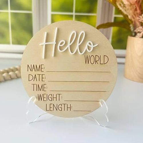AXAHUHIVN Hello World Birth Announcement Sign for Newborn, Birth Stats Sign, Hello World Baby Name Wooden Sign, Wooden Birth Announcement Plaque "Hello World" Matte White Acrylic (13)