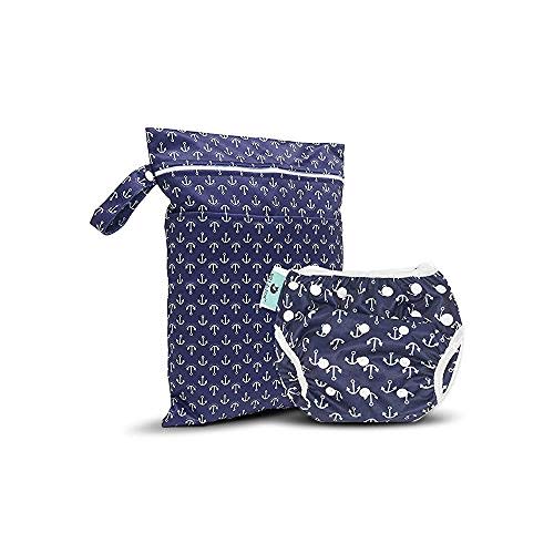 Will & Fox Reusable Swim Diaper and Wet Bag for Babies, Infants & Toddlers - Adjustable Girls Swimming Diaper 0-2 Years and Water Resistant Swim Bag – Anchor – 1 Pack