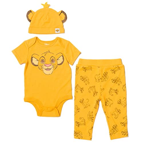 Disney Mickey Mouse Minnie Mouse Lion King Winnie The Pooh Baby Bodysuit Pants and Hat 3 Piece Outfit Set Newborn to Infant