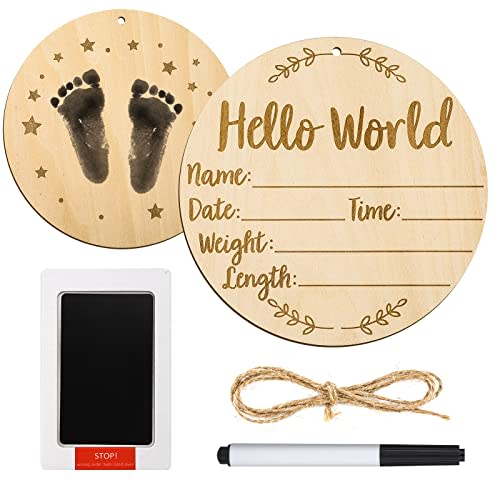 Baby Announcement Sign, 5.9 Inch Round Baby Nursery Name Signs with Ink Pad for Baby Hand and Footprints Wooden Hello World Newborn Sign for Photo Prop