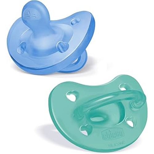 Chicco PhysioForma 100% Soft Silicone One Piece Pacifier for Babies 6-16 Months | BPA & Latex Free | Reusable Case | Blue/Green, 2pk