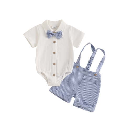 Loicainy Infant Baby Boy Gentleman Outfit 3 6 9 12 18 Month Solid Color Short Sleeve Lapel Neck Romper with Stripe Suspender Shorts and Bowtie