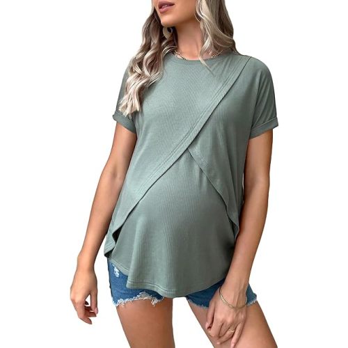MakeMeChic Women's Maternity Shirt Solid Round Neck Short Sleeve Wrap Nursing Tee Tops