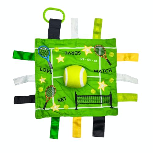Baby Jack & Co 10x10” Tennis Sports Lovey Sensory Plush Blanket - Tag Toys for Babies - Baby Stroller Toys - Learn Shapes, Letters & Colors - Perfect MVP Baby Toy & Baby Sports Gift w/Stroller Clip