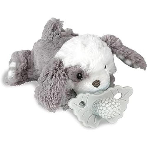 RaZbaby Puppy RaZbuddy w/RaZberry Teething Relief Pacifier – Soothes Sore Gums w/Nature-Inspired Texture, 100% BPA-Free Silicone Teether, Detachable Stuffed Animal – 3 Months+ Teether, Cookies&Cream