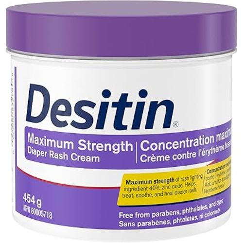Desitin Maximum Strength Baby Diaper Rash Cream, 40% Zinc Oxide to Help Treat, Heal & Prevent Diaper Rash, Hypoallergenic, Phthalate- & Paraben-Free Paste, 454 g