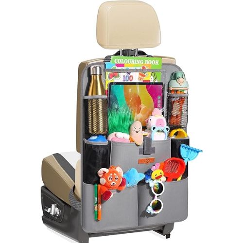 SURDOCA Upgraded Car Organizer with 11-inch Tablet Holder, 8 Pockets, Car Seat Protector for Road Trips - Car Storage and Organizers for Kids, Grey 1PC