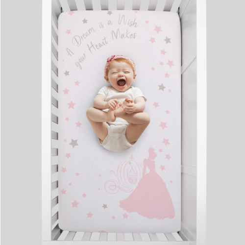 Disney Princess Enchanting Dreams White and Pink Cinderella A Dream is a Wish Your Heart Makes 100% Cotton Photo Op Nursery Fitted Crib Sheet