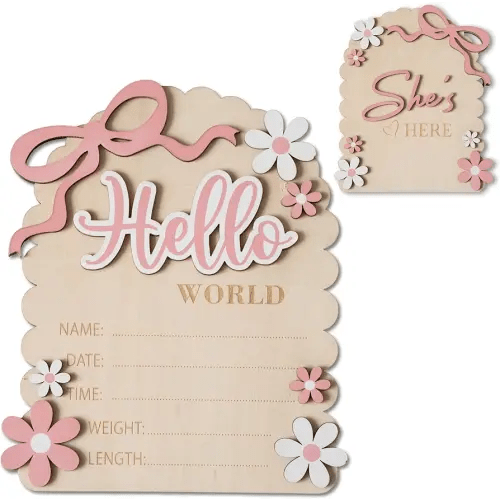 Baby Announcement Sign, Hello World Newborn Sign for Hospital, She’s Here Card, Baby Announcements Ideas, Newborn Photography Props Double-Sided (HW3)