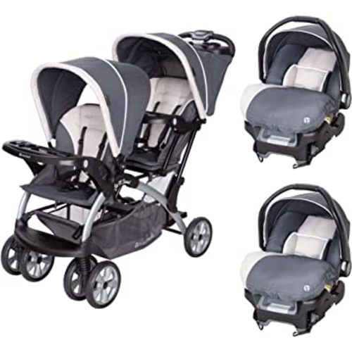 Baby Trend Sit N Stand Easy Fold Travel Double Baby Stroller and 2 Single Infant Car Seats Travel System with Safety Harnesses and Cover, Magnolia