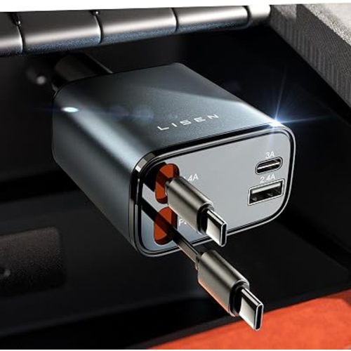 LISEN Retractable Car Charger, Duanl C Retractable Car Chagrer 84W Car Charger USB C Fast Charger Adapter, Car Accessories for Men Women, for iPhone 17 16 15 14 13 12 Pro Max, Grey
