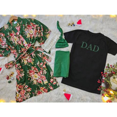 Matching Maternity delivery labor gown robe and swaddle set - dad, mom and baby