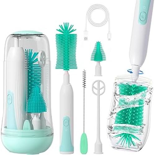 Electric Bottle Brush Cleaner, Electric Baby Bottle Cleaner with Replaceable Silicone Bottle Brushes,Nipple and Straw Brush, Travel Bottle Brush Set with Drainage Rack and Storage Box